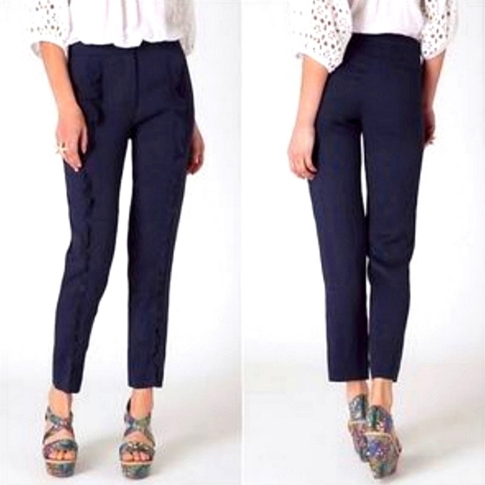 ANTHROPOLOGIE Leifsdottir Ruffle Seam Ankle Length Pant in Navy Blue Size 6